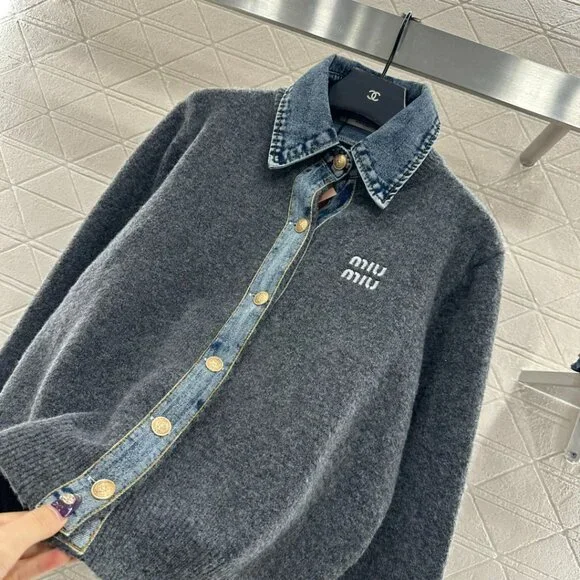 Miu Miu ♥ 2025 New Denim Patchwork Collared Knit Cardigan - Picture 3 of 8